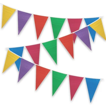 100-Подножието на пластмасови разноцветни знамена с вымпелом, украса за тържества по откриването на сватбата Цветни триъгълни знамена
