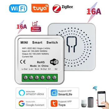 16A Sasha WiFi Smart Switch 2-полосное Управление с Превключвател за Контрол на потреблението на енергия Mini Smart Breaker Smart Life Control Алекса Чрез Google Home