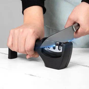 1бр черно 3-Стъпка инструмент за бързо заточване, ръчно мултифункционална острилка за нож с противоплъзгаща основа, кухненски ножове