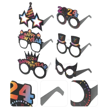 6 Бр Нова година 2024, Цвят Черен, златен, 3D очила, рамки за очила, за да се изяви, Аксесоар, декор, Реквизит за новото място на провеждане на партита