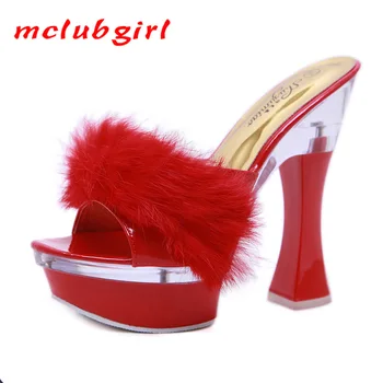 Mclubgirl, чехли от домакинството е заек вълна на дебелите ток 14 см, женски летни непромокаеми обувки на платформа с плъзгане подметка LFD