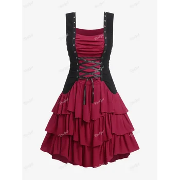 Rose Готическа рокля с люверсами, Ламинирано рокля с рюшами, Червена Секси Реколта градинска дрехи, рокли за бретелях без ръкави, Vestidos 5XL