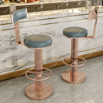 Бар столове с облегалка, модерен регулируем въртящ се стол с полирани крака от розова неръждаема стомана за кухненските шкафове