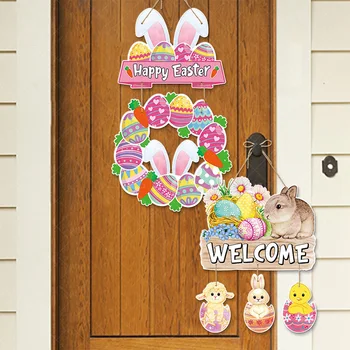 Великденски Украса на входната врата на Скъпа Хартия Заек кокоши Яйца Знак за Щастлив Великден партита Продукти за декорация на дома