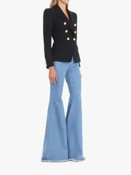 ВИСОКОКАЧЕСТВЕН ЧЕРЕН двубортный блейзър със златни релефни, копчета, с дълги ръкави и джобове с капаци, дамско модно палто, Ново 2019 г.