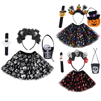 Детски костюм за cosplay Hallween, състоящ се от пола в стил Хелоуин, прическа във формата на скелет, ведерко за бонбони и гривна-шамар.
