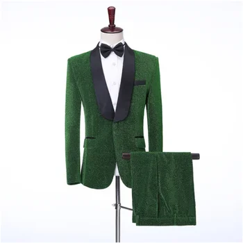 Ефектните Блестящи зелени мъжки костюми, 2 броя, Черен костюм с ревери, за сватба, Сватба облекло за младоженеца, Оборудвана блейзър Terno Masculino