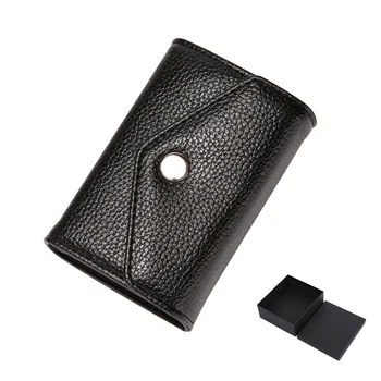 Издръжлив дизайн във формата на акордеон с бутон за отваряне, чантата с няколко слота от изкуствена кожа за пътуване, компактен размер, мек черен държач за карти с шарени личи