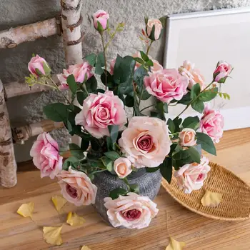 Изкуствени цветя, рози, 3 глави, реалистично изглеждащ, лесен за поддържане, симулиращ букет цветя, Сватбена договореност