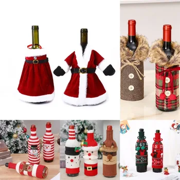 Коледна украса Вязаный набор от бутилки червено вино в ивицата Чанта за бутилки вино Гринч Elk Десктоп рокля Творческа Коледната бутилка вино