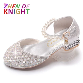 Кристални обувки за момичета, пролетно-есенни нови детски обувки на принцесата с кристали, блестящи обувки, за да се изяви на висок ток с мека подметка