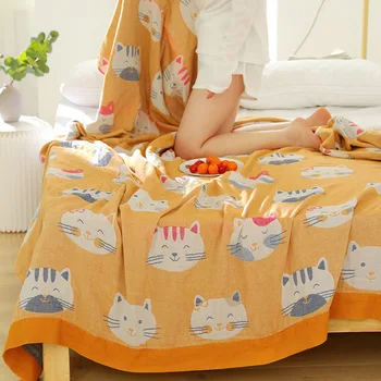 Одеяла и покривала в скандинавски стил kawai, кърпа за дивана с анимационни котка, лятно хавлия от 100% памук, стеганое одеяло с тънък двойно дрямка, меки покривки за легла