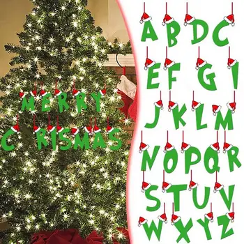 Празничен висулка във формата на букви, многократна употреба дървена украса на Коледна елха, Зелено подвесное декорация с букви и шапка на Дядо Коледа за парти