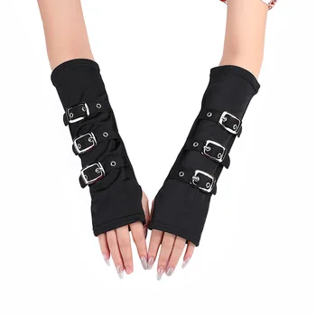 Ръкавици в готически стил в стил пънк, armlets за бондажа с катарами, Метални въжета, дамски ръкавици без пръсти в черно стил за момичета