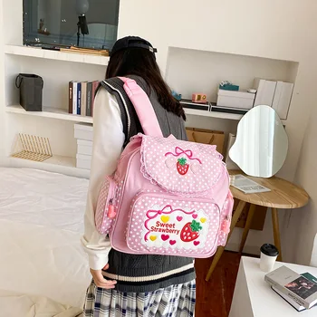 Японски детски раници Kawaii, училищен чанта в стил харадзюку, лейси бродерия, клубничная сладко чанта за момичета, ученическа чанта Mochila