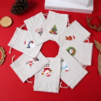 10шт Коледни Подаръци Чанти 10x14 см От Естествен Юта Чанти На съвсем малък Сладък Дядо Коледа, Снежен човек Печатни Торбички За Опаковане на Бонбони Чанти