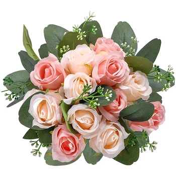 17шт Изкуствени цветя, рози, 12 Копринени цветя, Рози и 5 изкуствени стъбла, листа от евкалипт в насипно състояние За сватбени партита