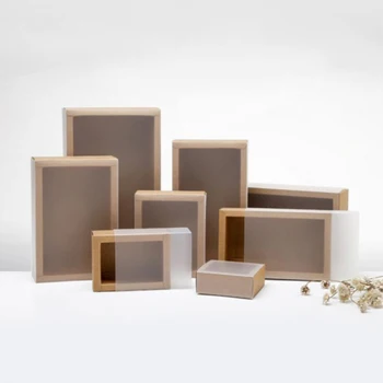 9 размери на Крафт-черно-бяла подарък опаковъчна кутия с прозорец крафт картон хартия подарък хартиена кутия с капак за Подарък кутия картонена кутия