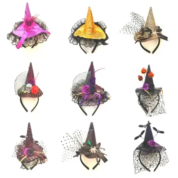 Превръзка на главата на Хелоуин, шапка на вещица за парти с пера шапка вещица с пайети за костюми, мрежест подпори за фестивалната парти