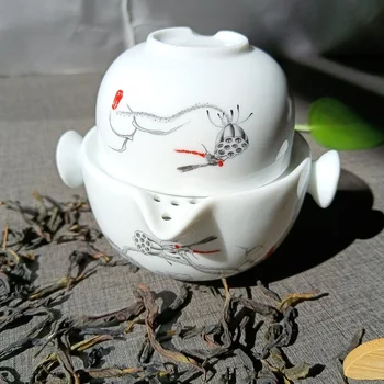 Преносим Китайски Чай Комплект Керамични Пътен Чай 1 Гърне + 1 Чаша Елегантен Кунг-Фу Гайвань Чайник Офис Чашата За Кафе Посуда За Напитки